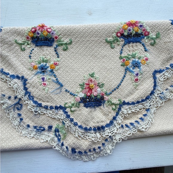Unbranded Other - Vintage Hand Embroidered Floral Table Runner Blue White Lace Trim 42 Inch